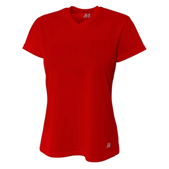 A4 Short Sleeve V-Neck Bird's Eye Mesh Tee For Women in Scarlet | NW3254