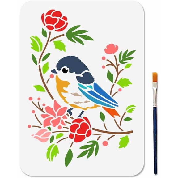 A4 Size Bird Branch Stencil 11.7x8.3inch Flower Leaf Bird Template with Paint Brush Botanical Animal Drawing Template