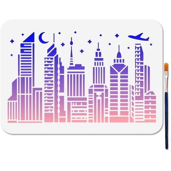 A4 Size City Building Painting Template Cityscape City Night Scene Stencil with Paint Brush 11.7x8.3inch Moon Stars Airplane Reusable Template for Wood Wall Window DIY Craft White