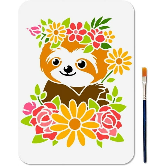 A4 Size Cute Sloth Flowers Stencil Sloth Wreath Template with Paint Brush 11.7x8.3inch Animal Flowers Reusable Painting Stencil for Wood Fabric Wall DIY Craft oto Album Mixed Color 1pc
