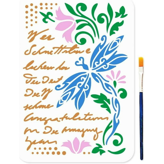 A4 Size Floral Dragonfly Stencil - 11.7x8.3 Inch Reusable Nature Painting Template with Brush for Wall Art Fabric Design & Home Decoration ProjectsMixed Color