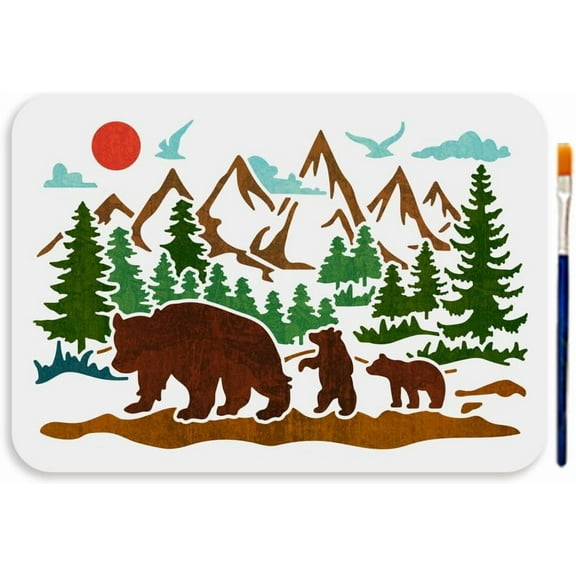 A4 Size Forest Bear Mountain Stencil Bear Family Template with Paint Brush 11.7x8.3inch Reusable Sun Bird Tree Animal Stencil Nature Landscape Stencil Fabric Wall Window DIY Craft Mixed Color