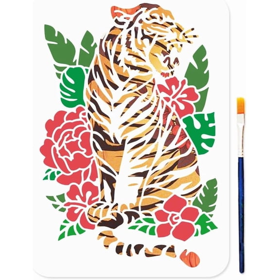 A4 Size Jungle Tiger Flower Leaf Stencil Wildlife Plants Template 11.78.3inch with Paint Brush Reusable Wild Animal Stencil for Wood Fabric Wall DIY Craft Photo Album Colorful