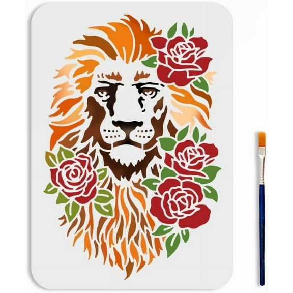 A4 Size Lion Flower Stencil 11.7x8.3inch Reusable Rose Animal Template with Paint Brush Wildlife Lion Head Stencil for Wood Fabric Wall Window DIY Craft DIY