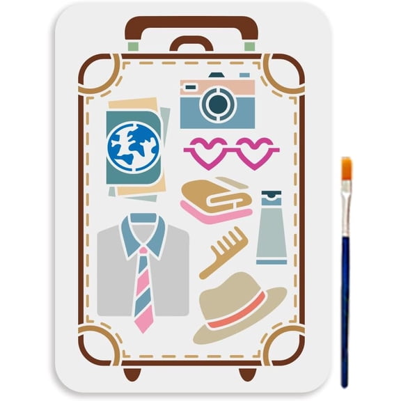 A4 Size Luggage Travel Goods Painting Template Reusable Stencil 11.7x8.3inches Suit Hat Camera Love Heart Shape Eyeglasses PET Template DIY