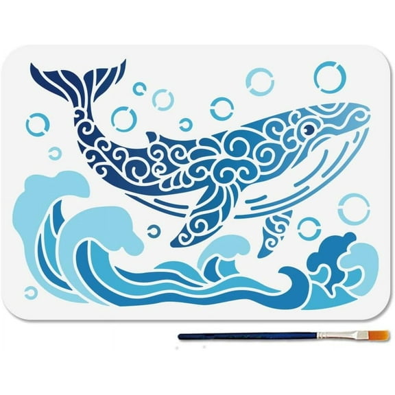 A4 Size Patterned Whale Stencil Ocean Waves Bubbles Stencil with Paint Brush 11.7×8.3inch Marine Animal Reusable Painting Template for Wood Window DIY Craft Photo Album