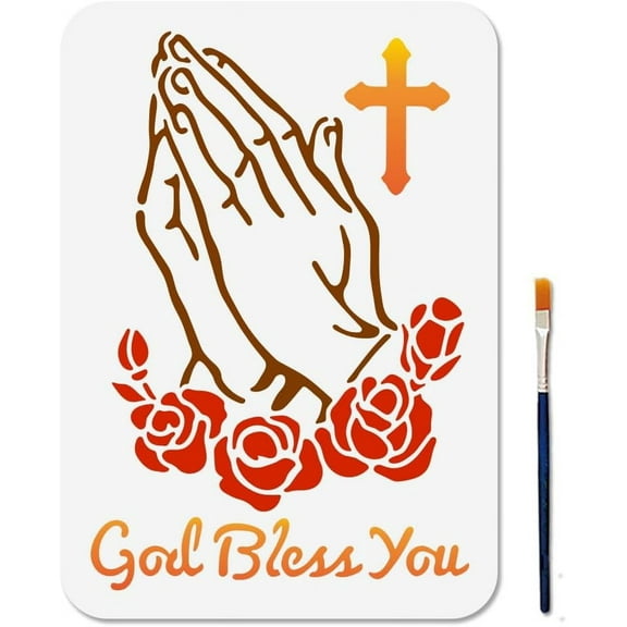 A4 Size Praying Gesture Hands Stencil Rose Stencil with Paint Brush 11.78.3inch God Bless You Text Reusable Template for Painting on Wood Window DIY Projects colorful