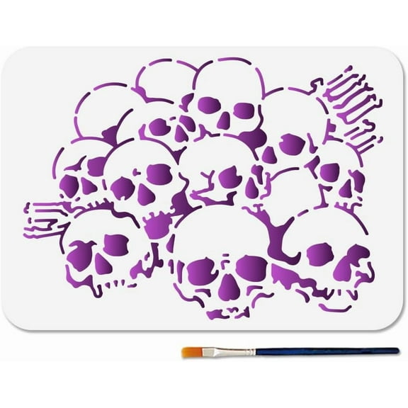 A4 Size Skull Painting Stencil Skull Pile Template with Paint Brush 11.7x8.3inch Reusable Skeleton Template Halloween Art Plastic Stencil for Wood Fabric Wall Window DIY Craft