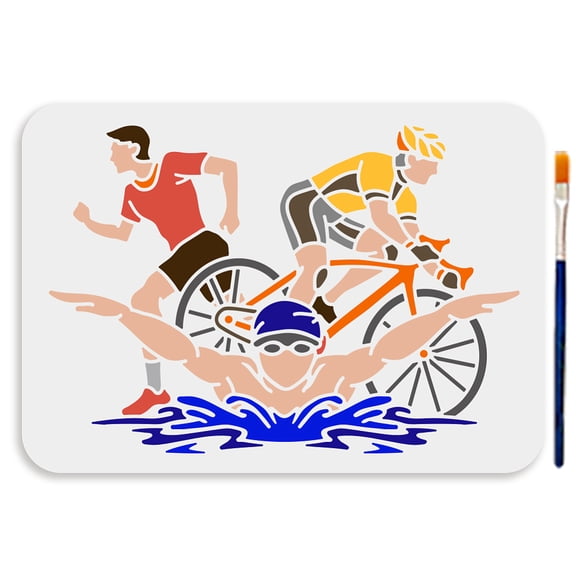A4 Size Triathlon Painting Stencil with Paint Brush 11.7x8.3inch Running Cycling Swimming Stencil Reusable Plastic Template