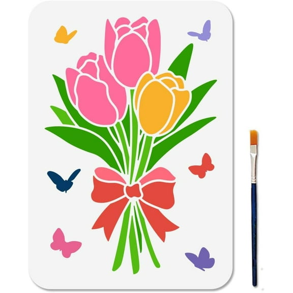 A4 Size Tulip Bouquet Stencil 11.7×8.3inch Butterfly Flower Stencil with Paint Brush Nature Plant Insect Template for Wood Wall Window DIY Craft Gift Decor