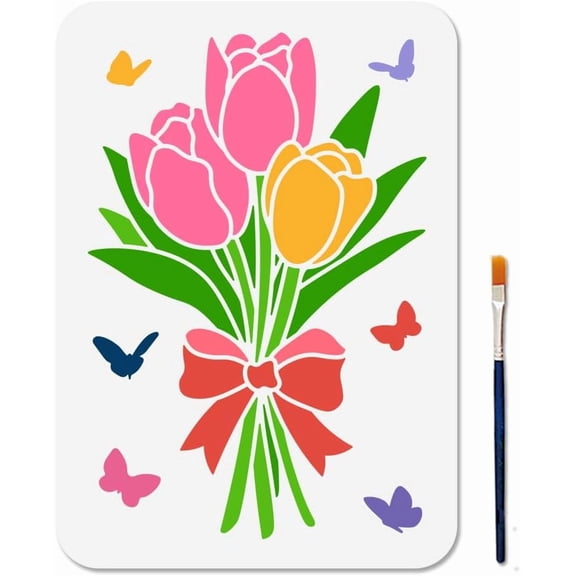 A4 Size Tulip Bouquet Stencil 11.78.3inch Butterfly Flower Stencil with Paint Brush Nature Plant Insect Template DIY
