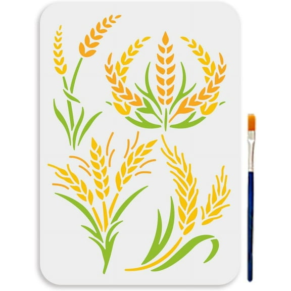 A4 Size Wheat Grass Stencil 11.7x8.3inch Wheat Stalk Stencil Reusable Painting Template with Paint Brush Botanical Wheat Pattern Template for Painting Wall Home Decor DIY Art Craft DIY