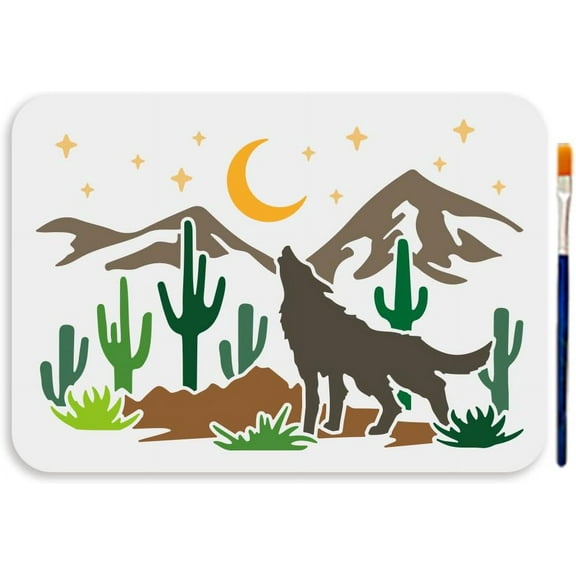 A4 Size Wolf Desert Stencil Howling Wolf Animal Template 11.7x8.3inch Reusable Desert Cactus Painting Template Desert Night Scene Stencil for Painting on Wood Wall Fabric Home Decor Wolf for DIY