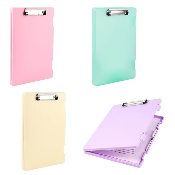 A4 Storage Box Set of 4 Durable PP Plastic File Organizer with Strong Metal Clips, 2-in-1 Writing Board Clip, Side Opening Double-Latch Design, Pen Slot Ideal for Work, School,