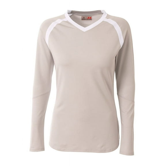 A4 Teen Ace Long Sleeve Volleyball Jers For Teen Female in Silver/White | NG3020