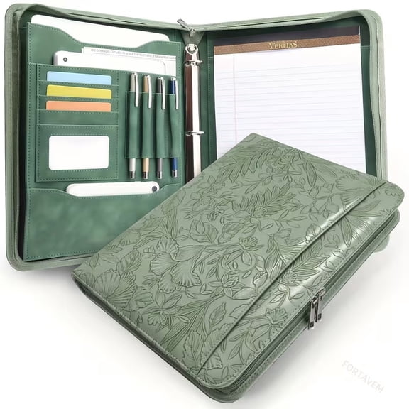 A4 Vegan PU Leather Portfolio with Zipper 3-Ring Organizer Padfolio for Women with Tablet Sleeve, Notepad & Business Card Holder