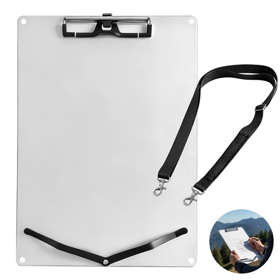 A4 Vertical Aluminum Drawing Board, 13 x 9.3 in, with Strong Steel Clip, Dual Spring & Portable Shoulder Strap, Rustproof Clipboard, for Outdoor Sketching, Art, Office