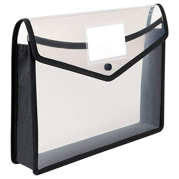 Clear A4 Document Folder with Black Wallet Design, Stackable Office Storage Container for Paper and Files
