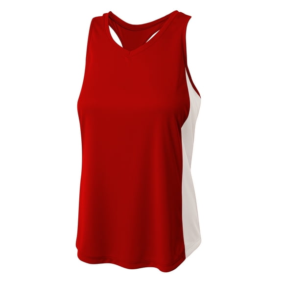 A4 Womens 100% Polyester Interlock Fabric Athletic Performance The Pacer Tank Top, SCARLET/WHITE, Small, NW2009