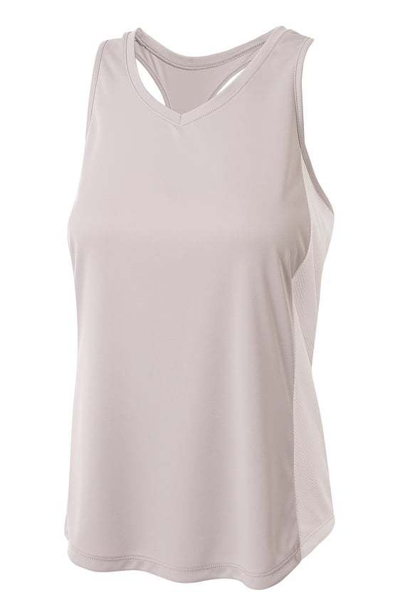Womens 100% Polyester Interlock Fabric Athletic Performance The Pacer Tank Top, SILVER/WHITE, Small, NW2009