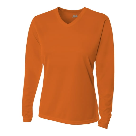 A4 Womens 100% Polyester Textured Most Intense Workouts Bright Long Sleeve V-Neck Birds Eye Mesh Tee, ATHLETIC ORANGE, Large, NW3255