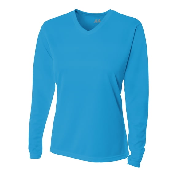 A4 Womens 100% Polyester Textured Most Intense Workouts Bright Long Sleeve V-Neck Birds Eye Mesh Tee, ELECTRIC BLUE, Medium, NW3255