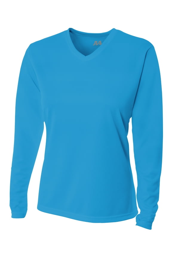 Womens 100% Polyester Textured Most Intense Workouts Bright Long Sleeve V-Neck Birds Eye Mesh Tee, ELECTRIC BLUE, Medium, NW3255