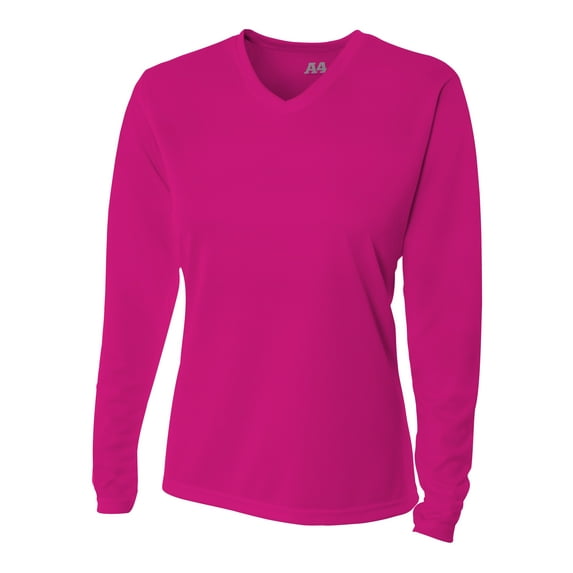 A4 Womens 100% Polyester Textured Most Intense Workouts Bright Long Sleeve V-Neck Birds Eye Mesh Tee, FUCHSIA, Medium, NW3255