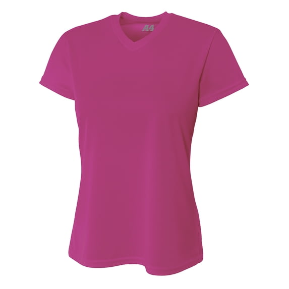 A4 Womens Atheltic Performance Ultra Soft Short Sleeve V-Neck Birds Eye Mesh T-Shirt , FUCHSIA, Large, NW3254