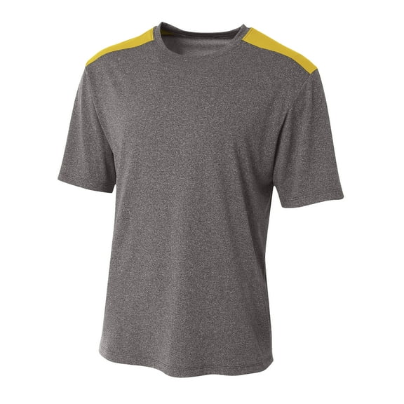 A4 Youth Polyester Performance Tourney Color Block Crew Neck Short Sleeve T-Shirt, HEATHER/GOLD, Medium, NB3100