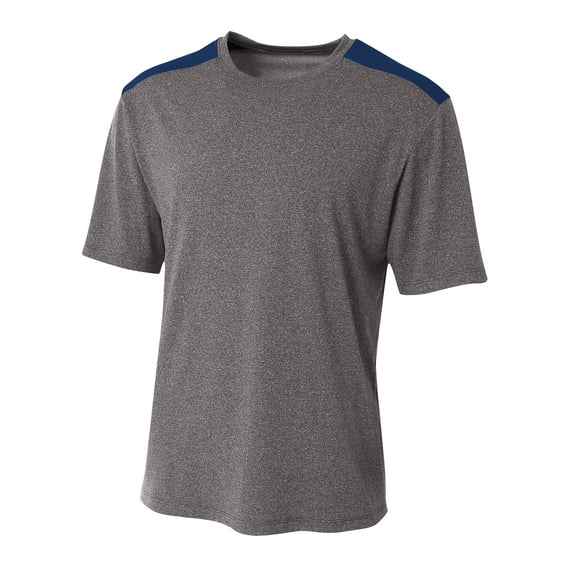 A4 Youth Polyester Performance Tourney Color Block Crew Neck Short Sleeve T-Shirt, HEATHER/NAVY, X-Large, NB3100