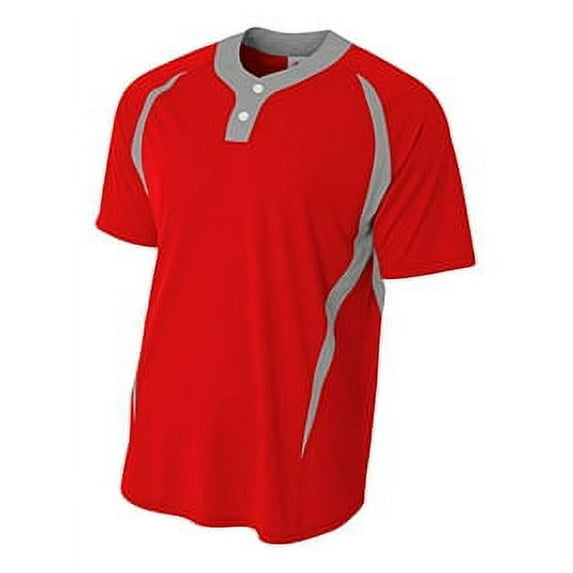 A4 Youth Quick Dry Performance 2-Button Short Sleeve V-Neck Color Block Henley, SCARLET/SILVER, X-Large, NB4229