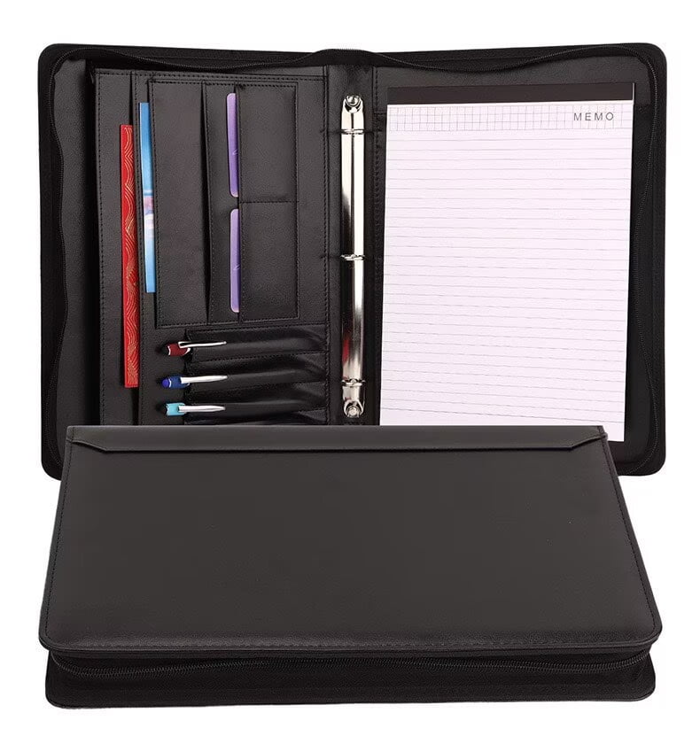 A4 Zipper Binder with Multi-Pocket Organizer, Leather Briefcase for iPad, Memo, Notebook, Pens, Documents, Perfect Gift for Office Business Professionals，Black