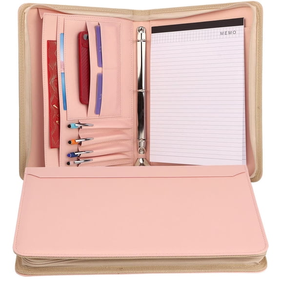 A4 Zipper Binder with Multi-Pocket Organizer, Leather Briefcase for iPad, Memo, Notebook, Pens, Documents, Perfect Gift for Office Business Professionals，Pink