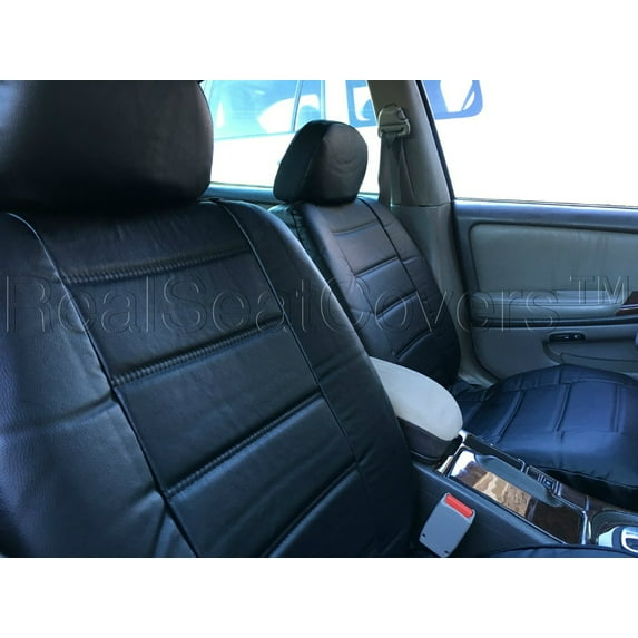 A40 Premium HONDA CRV 4pc Front 2 Bucket Seat Covers Set Genuine PU Leather 10mm Thick Triple Stitched - 2 Front Bucket Seat Covers, 2 Headrest Covers Black