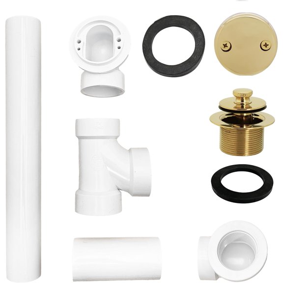 A4972-01 1-1/2 Inch Bath Waste Overflow Assembly with Pull Drain Stopper and One-Hole Faceplate Top Elbow - Sch. 40 PVC Polished Brass