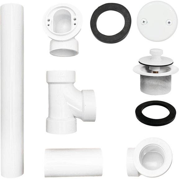 A4972-50 1-1/2 Inch Bath Waste Overflow Assembly with Pull Drain Stopper and One-Hole Faceplate Top Elbow Sch. 40 PVC White