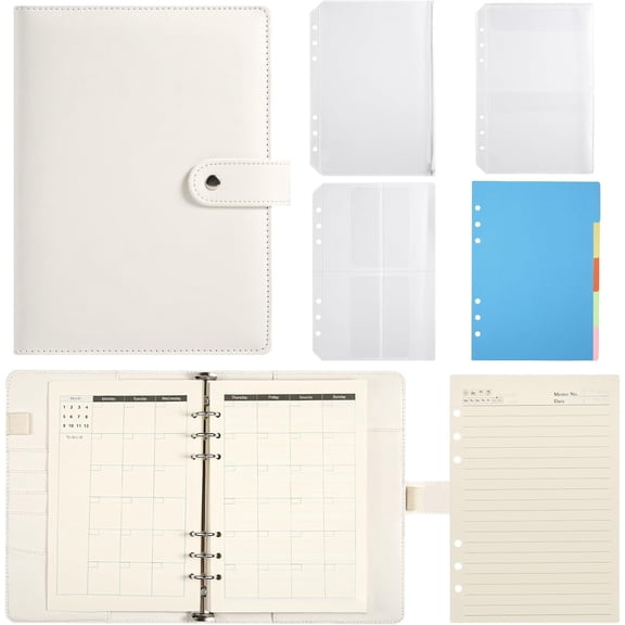 A5 6 Ring Planner Binder - Refillable PU Leather Notebook Organizer with 80 Line Sheets, Monthly Sheets, Plastic Pockets and Dividers, Beige