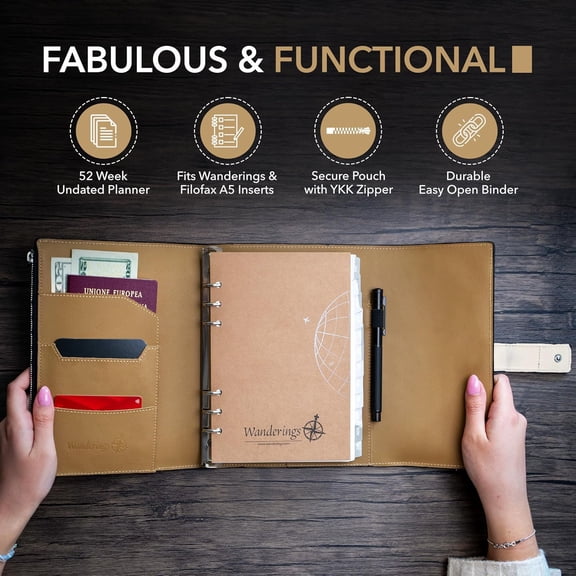 A5 6-Ring Refillable Leather Planner with Undated Calendar and Inner Pockets for Professionals