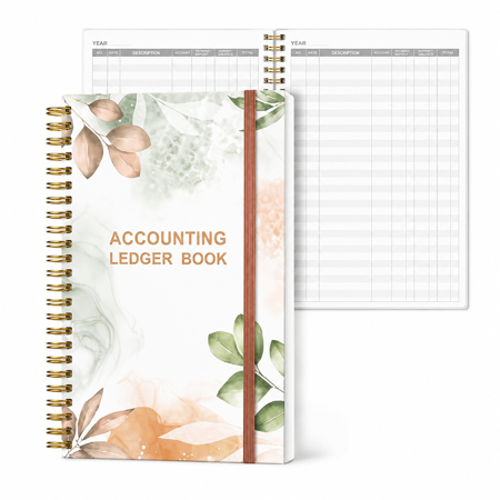A5 Accounting Ledger Book, 128 Pages Income and Expense Tracker with 3480 Entry Lines, 5.8 x 8.4 in, Rose Leaf