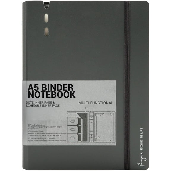 A5 Binder 6 Ring Notebook with Dividers Refillable Planner Pockets, Refill Paper Include Planning Square Ruled and Dotted Pages, 6.89 x 9.25 In, (Grey, Daily&Dot Page)