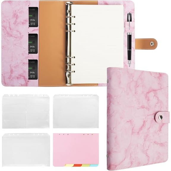 A5 Binder Refillable Planner Notebook 6 PU Leather Journal with Pockets, Dividers, Refill Paper Marble Pink
