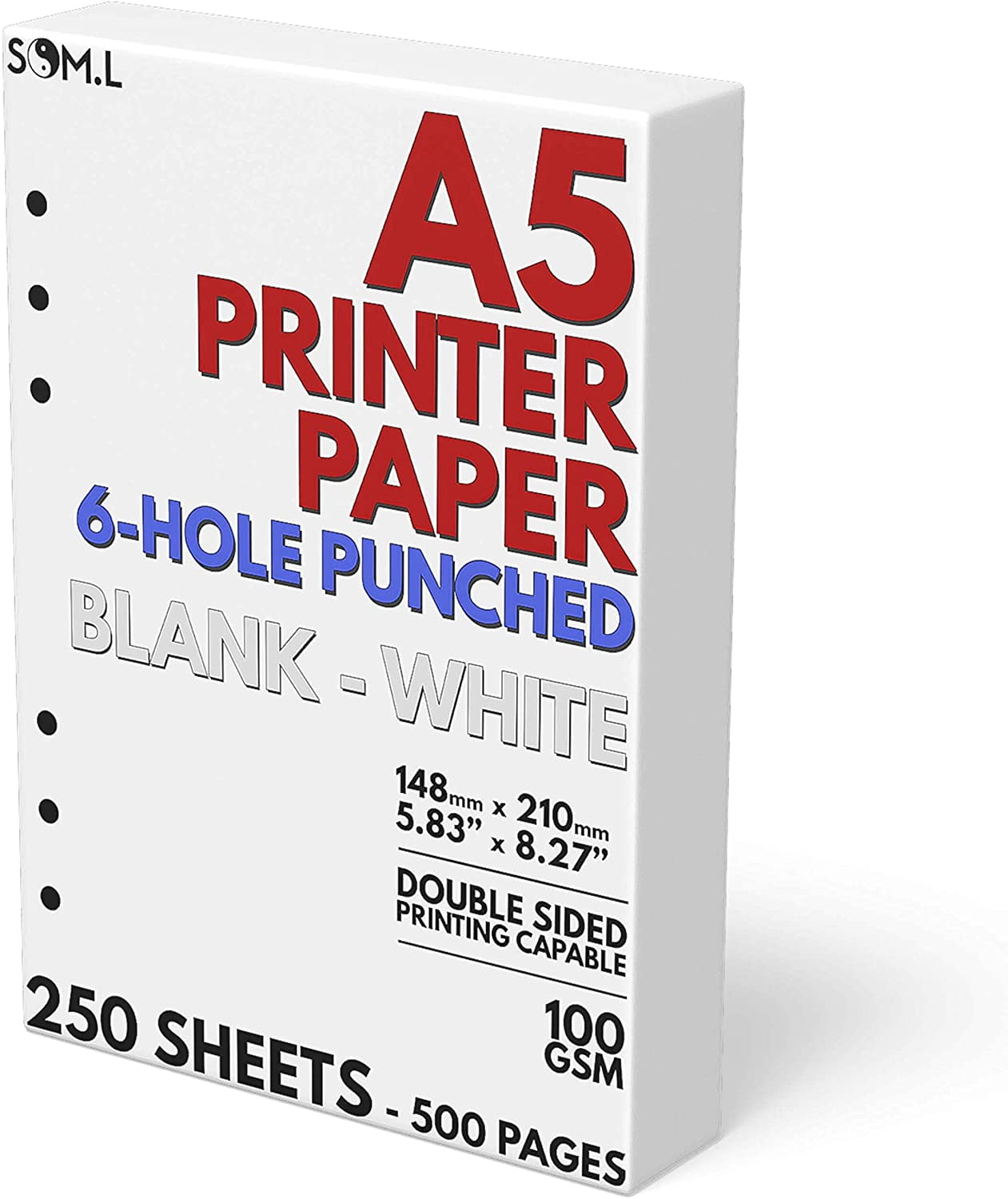 A5 Blank Paper 6-Hole Punched, 250 Sheets (500 Pages), 100 GSM, Printer Paper 148mm x 210mm (5.83 in. x 8.27 in.)