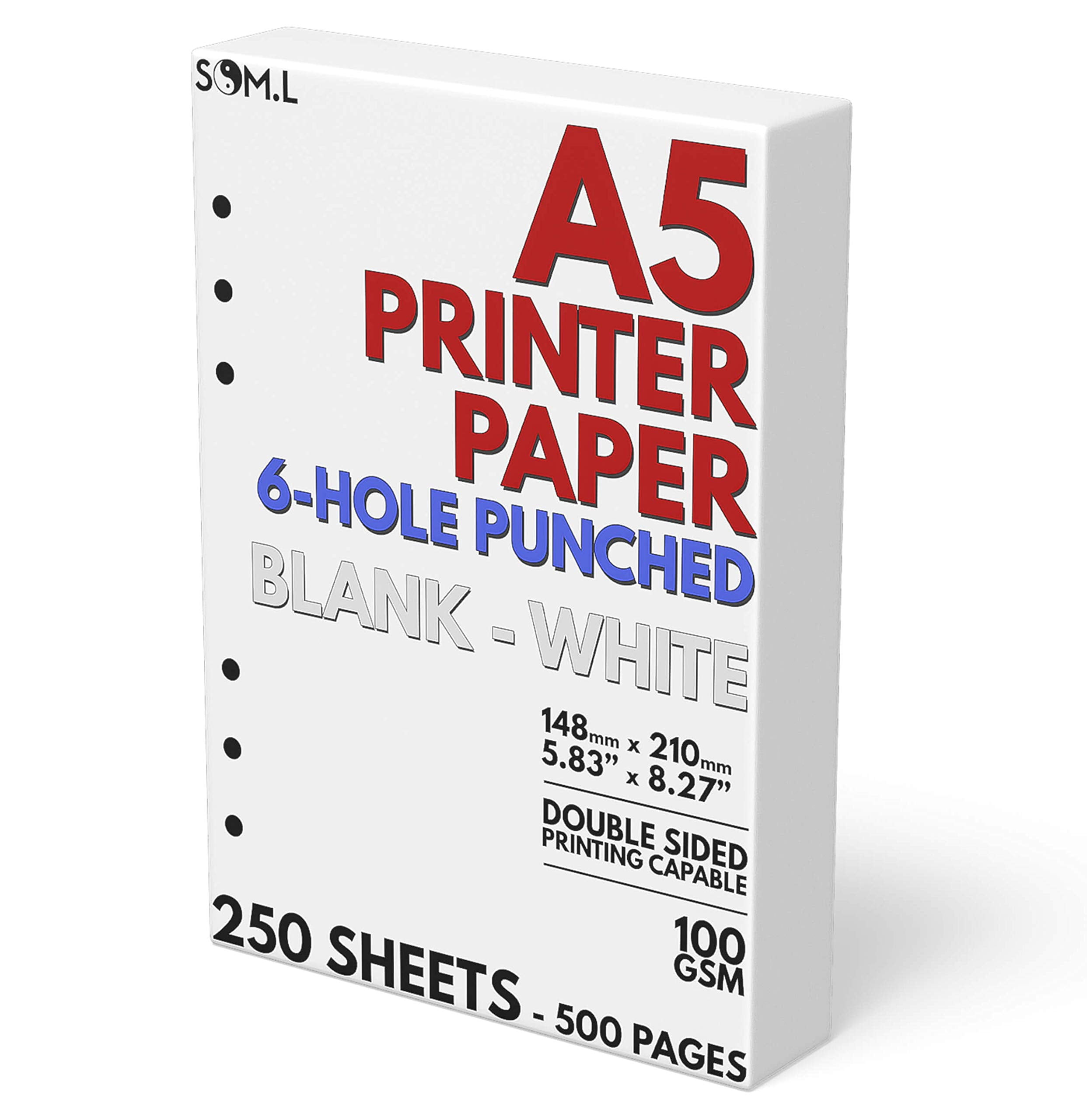 A5 Blank Paper 6Hole Punched, 250 Sheets (500 Pages), 100 GSM, Printer