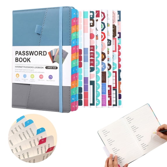 A5 Blue & Gray Password Book with Alphabetical Tabs | Password Organizer for Seniors | Secure Internet Website Login Details Notebook | 115 Pages, Elastic Closure, Pen Holder, & Inner Pocket