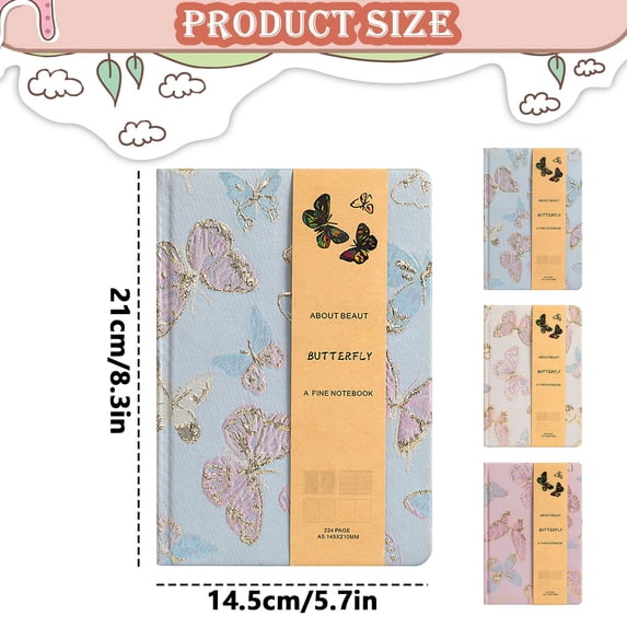 A5 Butterfly Embroidery Fabric Hardcover Journal 4-in-1 Inner Pages Lined Grid Blank Dot Grid 114 Pages 100gsm Thick Paper Writing Notebook - Blue
