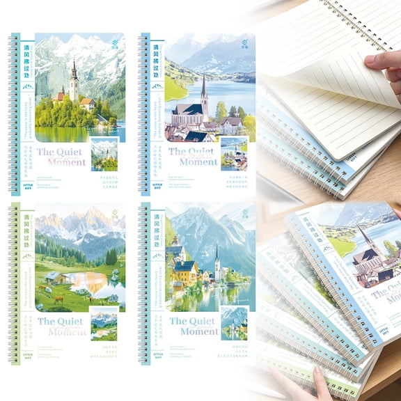A5 Coil Bound Notebook With Town Scenery Theme For Note Taking And Daily Writing - Random Cover