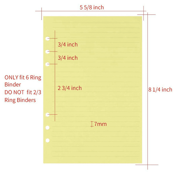 A5 Colorful 6-Hole Punched Ruled Refills Inserts for Organizer Binder, 5-Color Loose Leaf Planner Filler Paper,100Sheets
