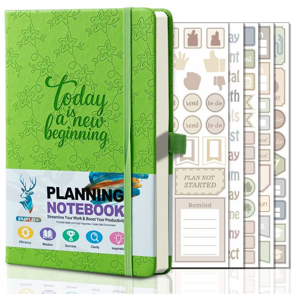 A5 Daily Planner Notebook, Time Management & Task Tracker with Weekly Pages, To-Do Lists, Pen Holder, Bookmark Ribbon, for Work, Study & Life Organization,Green