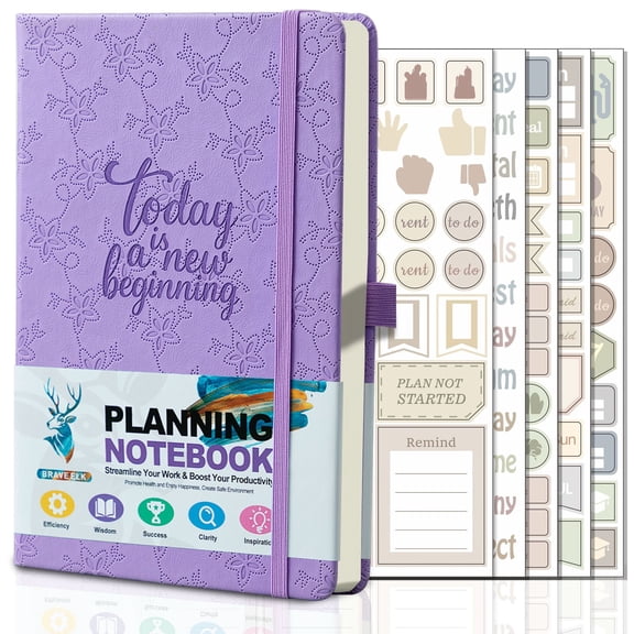 A5 Daily Planner Notebook, Time Management & Task Tracker with Weekly Pages, To-Do Lists, Pen Holder, Bookmark Ribbon, for Work, Study & Life Organization,Purple